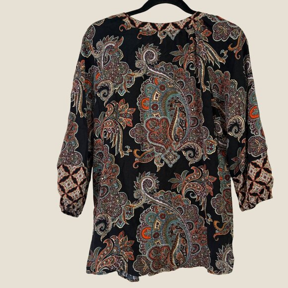 Fig & Flower Boho Pattern 3/4 Sleeve Quarter Button Puffed Sleeve Blouse Size L - Picture 9 of 10